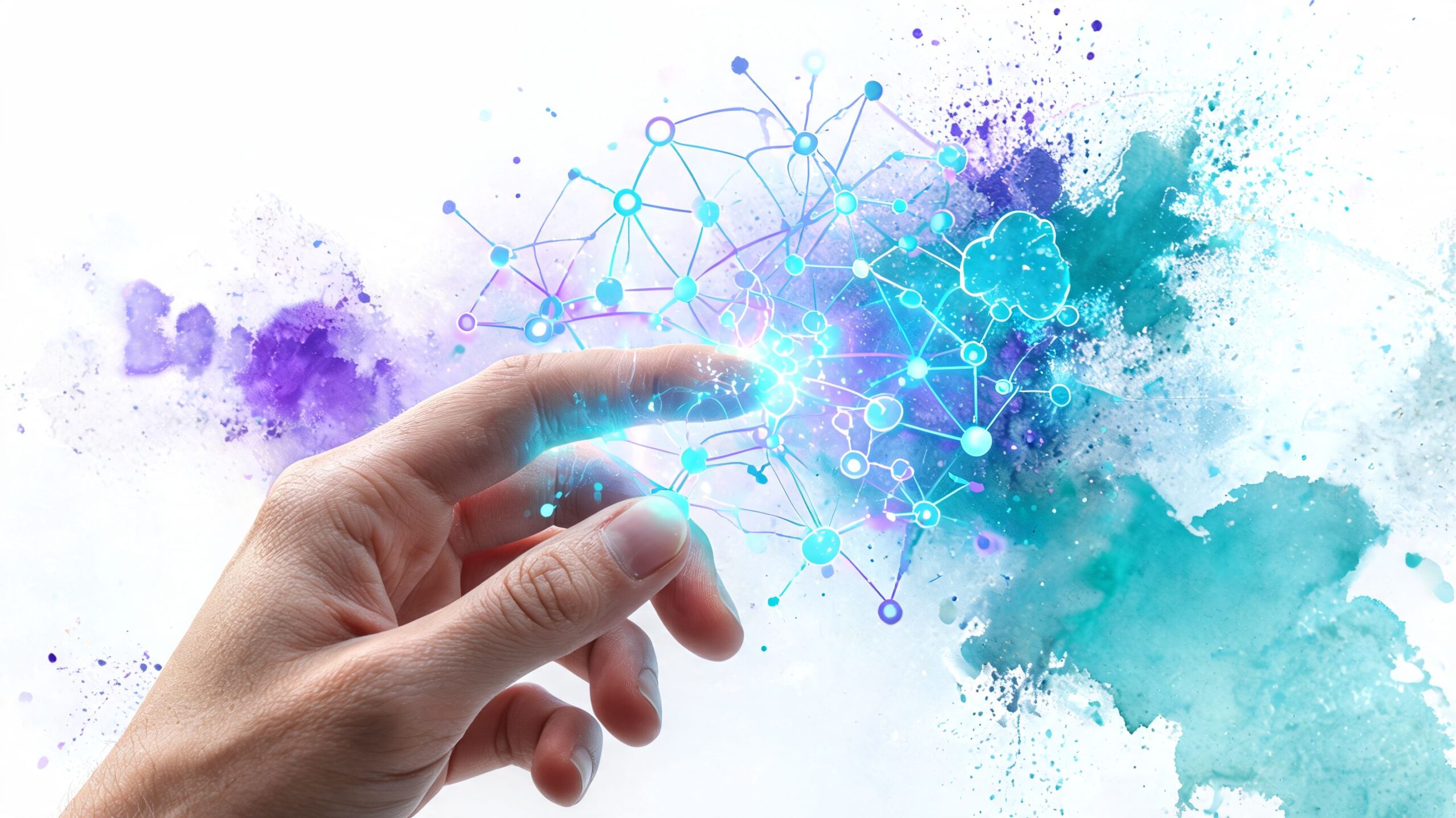 A hand touching a glowing digital network graphic representing connectivity and technology on a watercolor background.