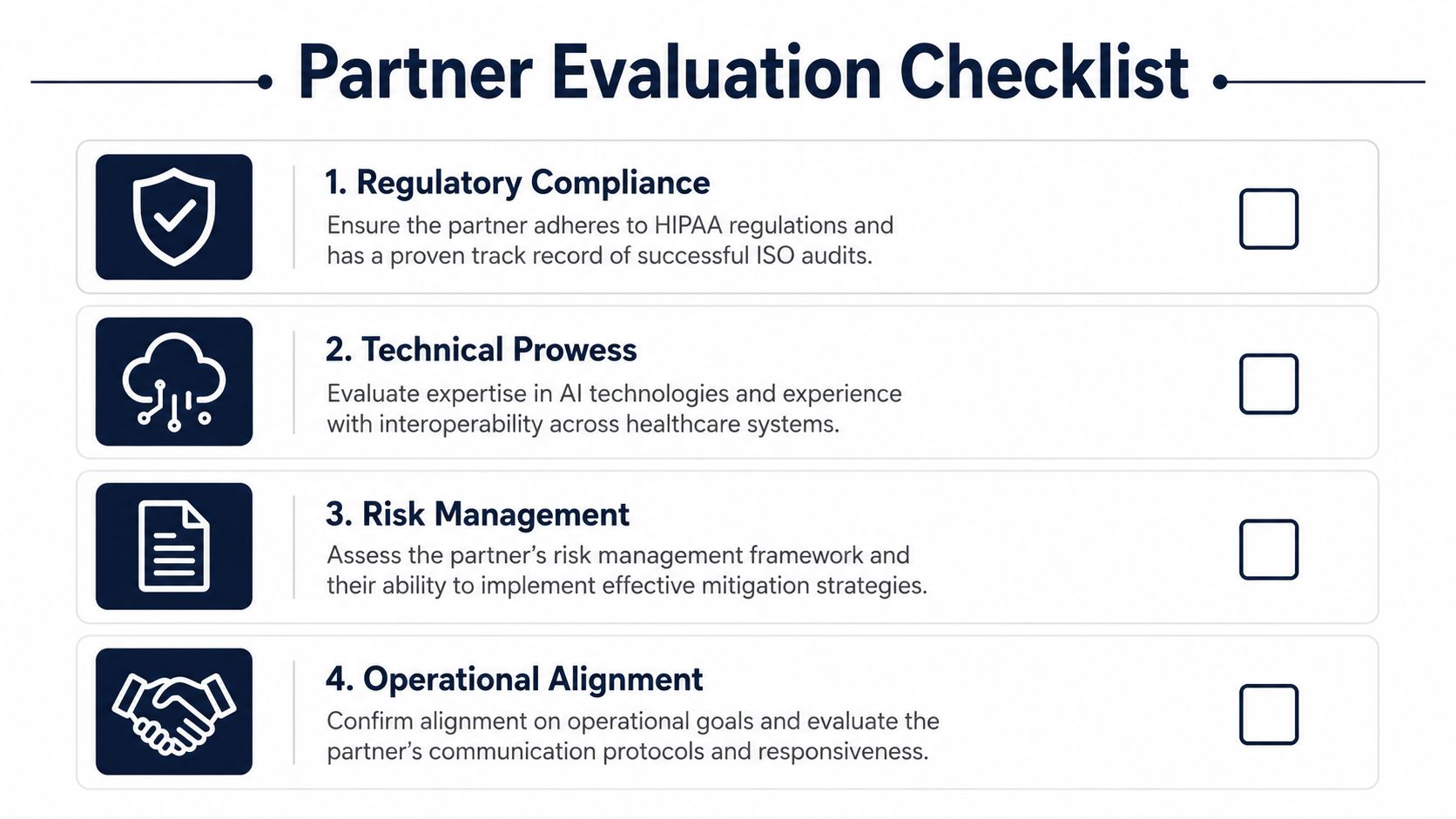 A partner evaluation checklist for healthcare businesses featuring four key criteria for vetting potential technology vendors.
