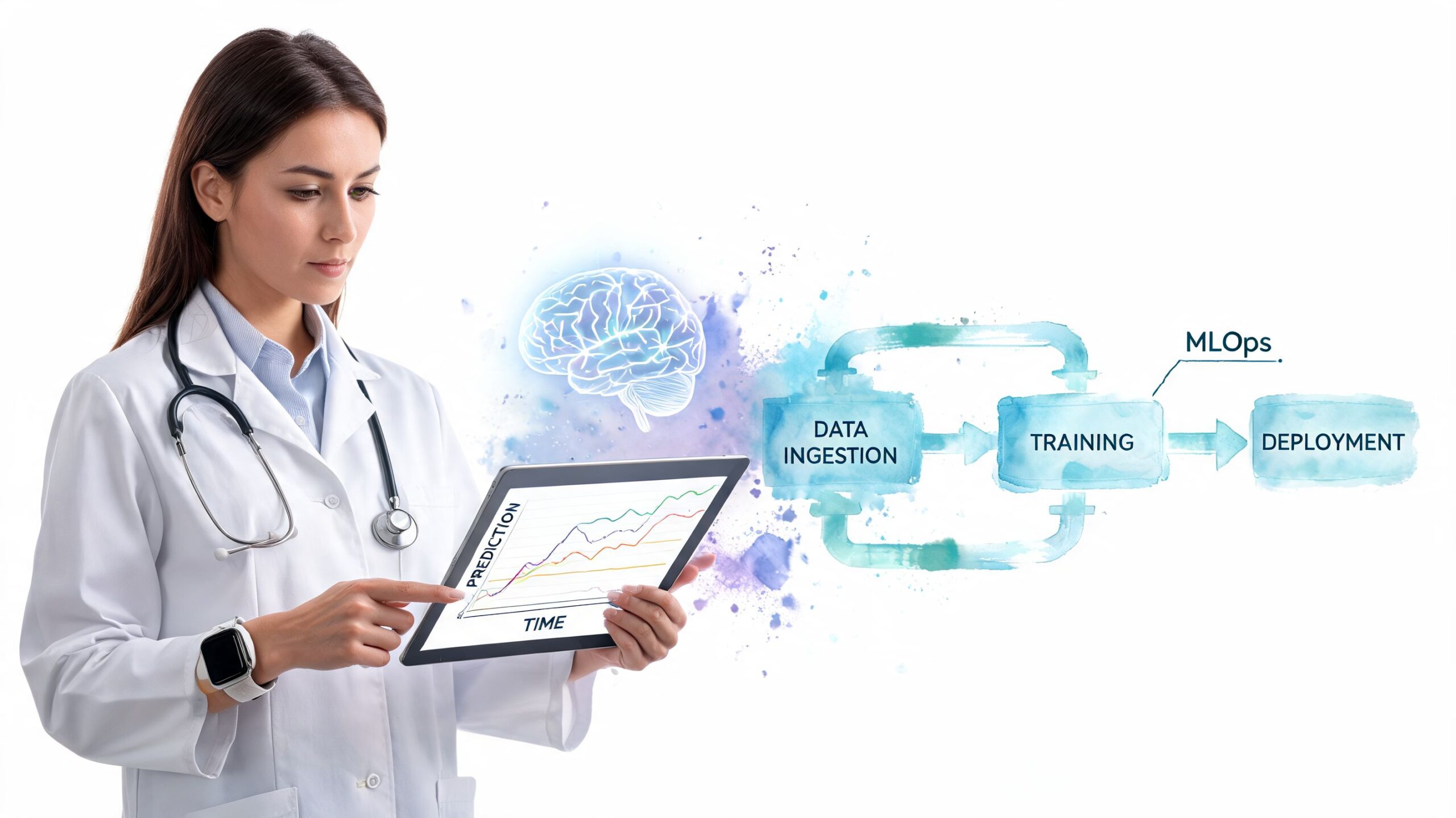 A female doctor in a white lab coat using a tablet to analyze digital health machine learning processes.