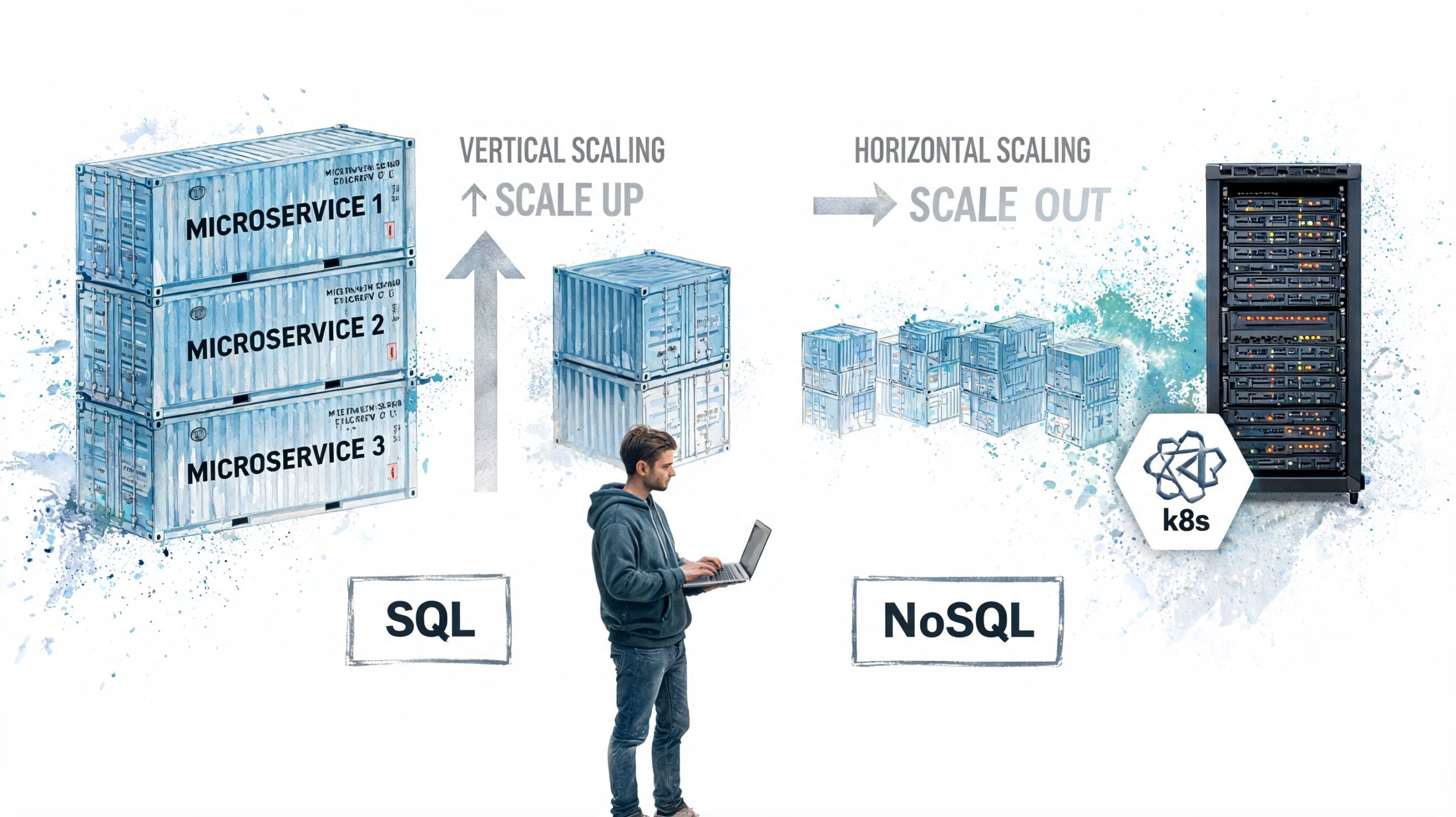 A digital illustration showing microservices container scaling concepts including vertical and horizontal scaling with SQL and NoSQL.