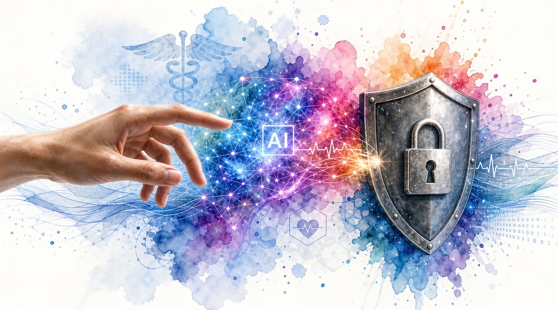 A hand touching a glowing digital AI brain connected to a metallic shield protecting health data.
