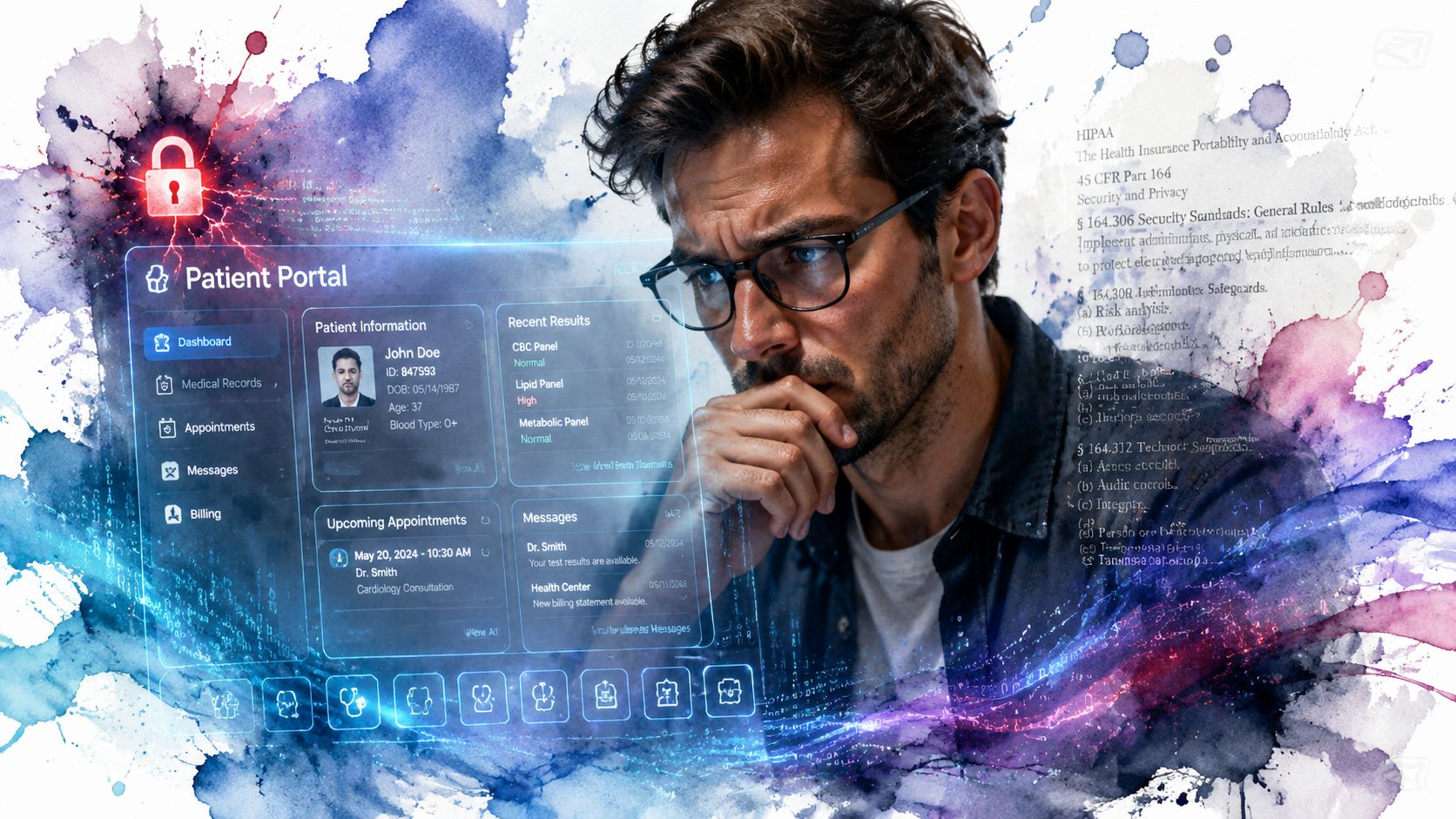 A focused man viewing a secure medical patient portal interface surrounded by digital data and HIPAA regulations.