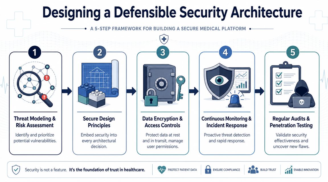 A 5-step framework infographic for designing a defensible security architecture for a secure medical platform.