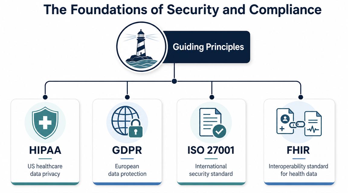 A diagram outlining security and compliance foundations, including HIPAA, GDPR, ISO 27001, and FHIR standards.