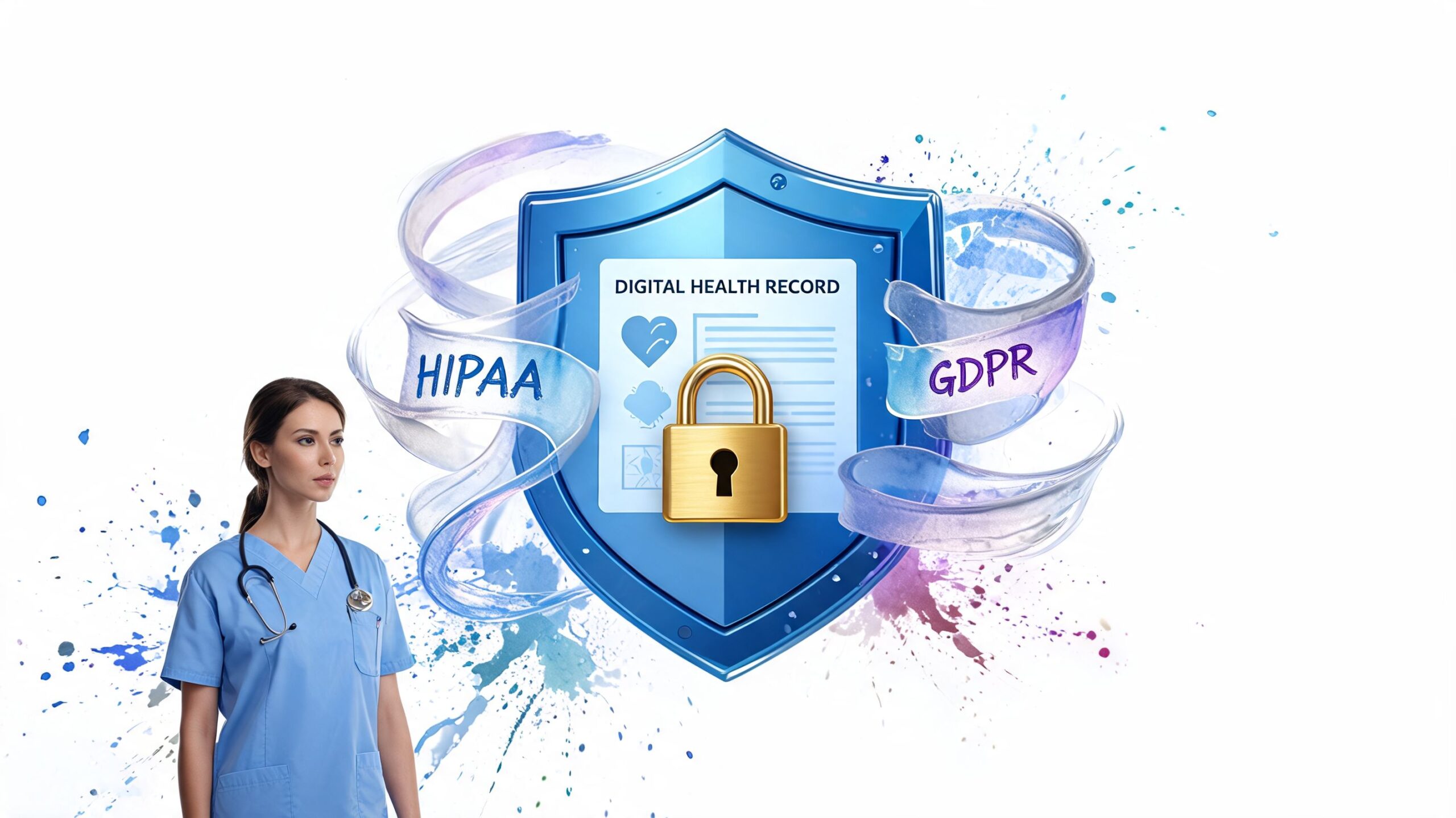 A female healthcare professional standing next to a shield protecting a digital health record with a padlock.