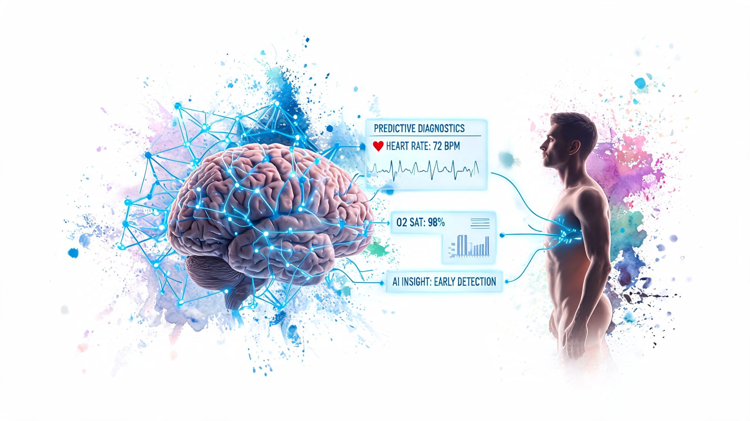 A human brain connected to a person via digital health technology representing advanced AI predictive medical diagnostics.