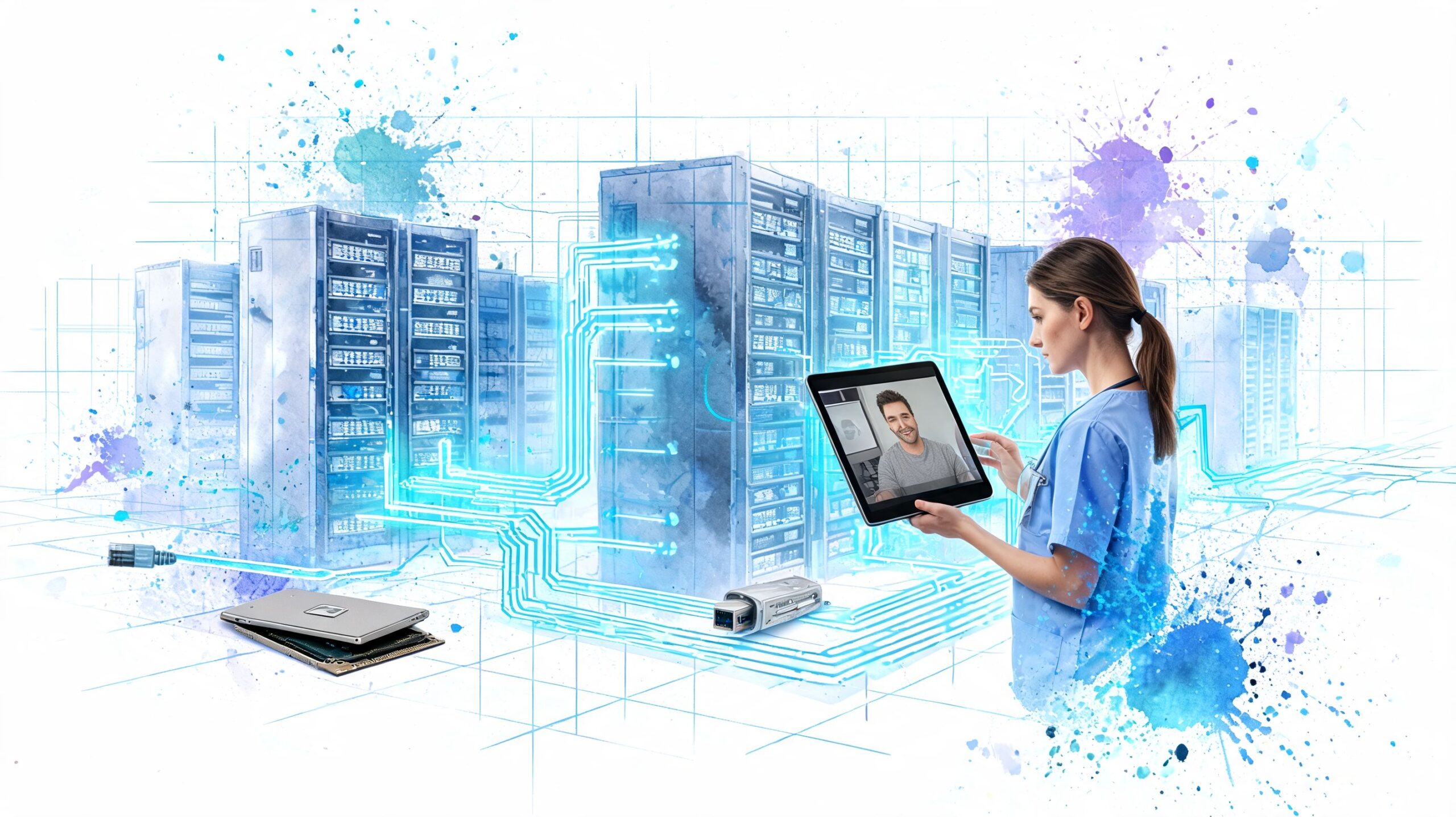 A healthcare professional using a tablet for a video call in front of a digital server room background.