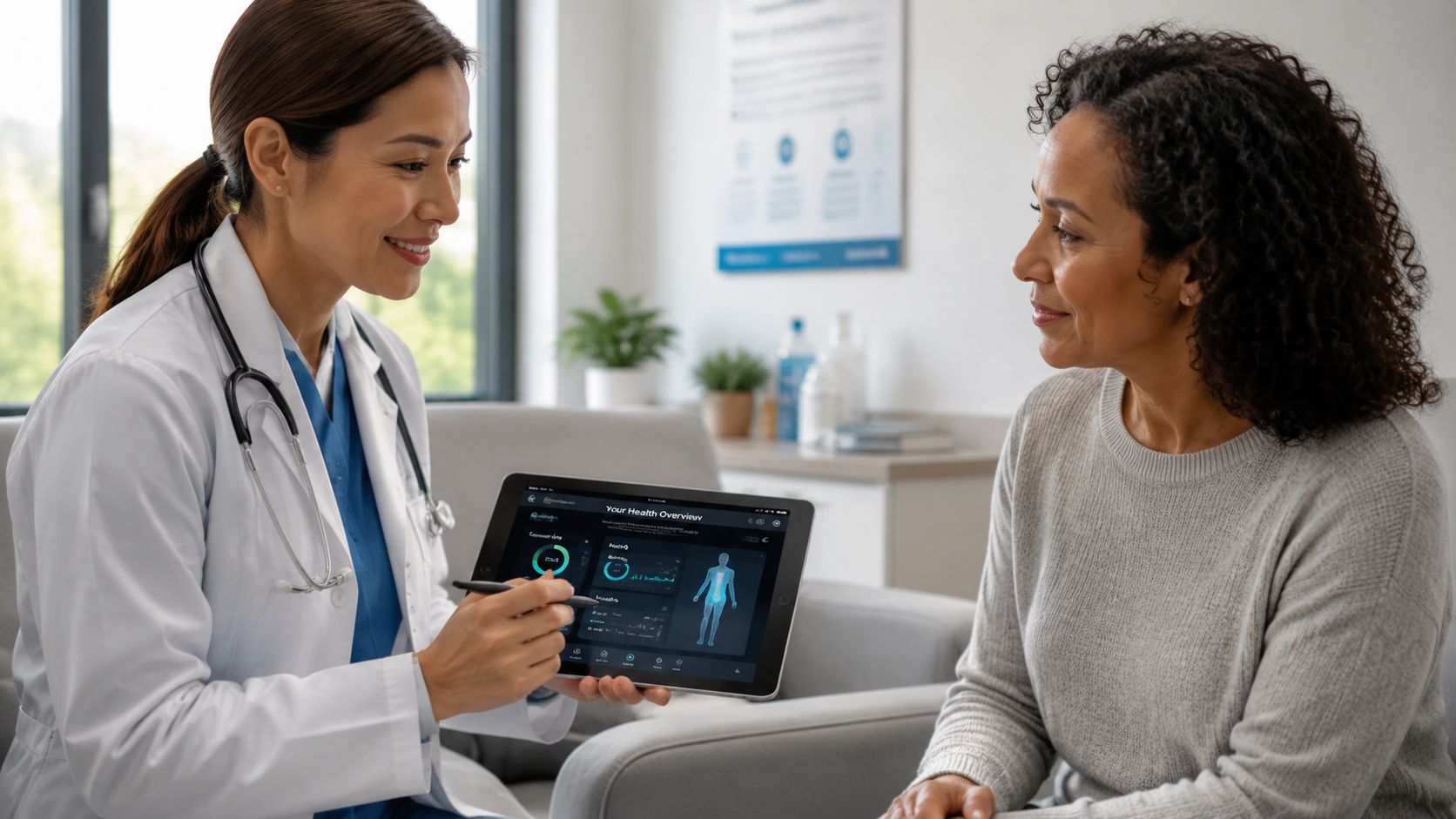 A female doctor with a stethoscope explaining health data on a tablet to a female patient.