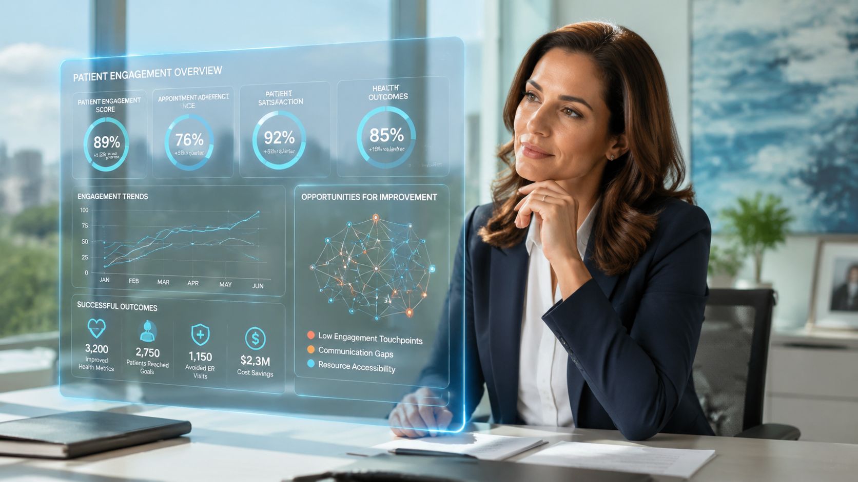 A professional woman in an office reviews an AI-powered holographic dashboard displaying healthcare analytics and patient metrics.