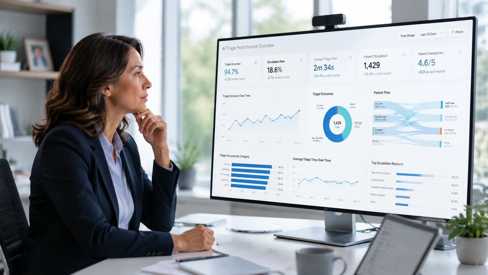 A professional woman looking at a computer monitor displaying AI-powered healthcare triage performance metrics and data visualizations.