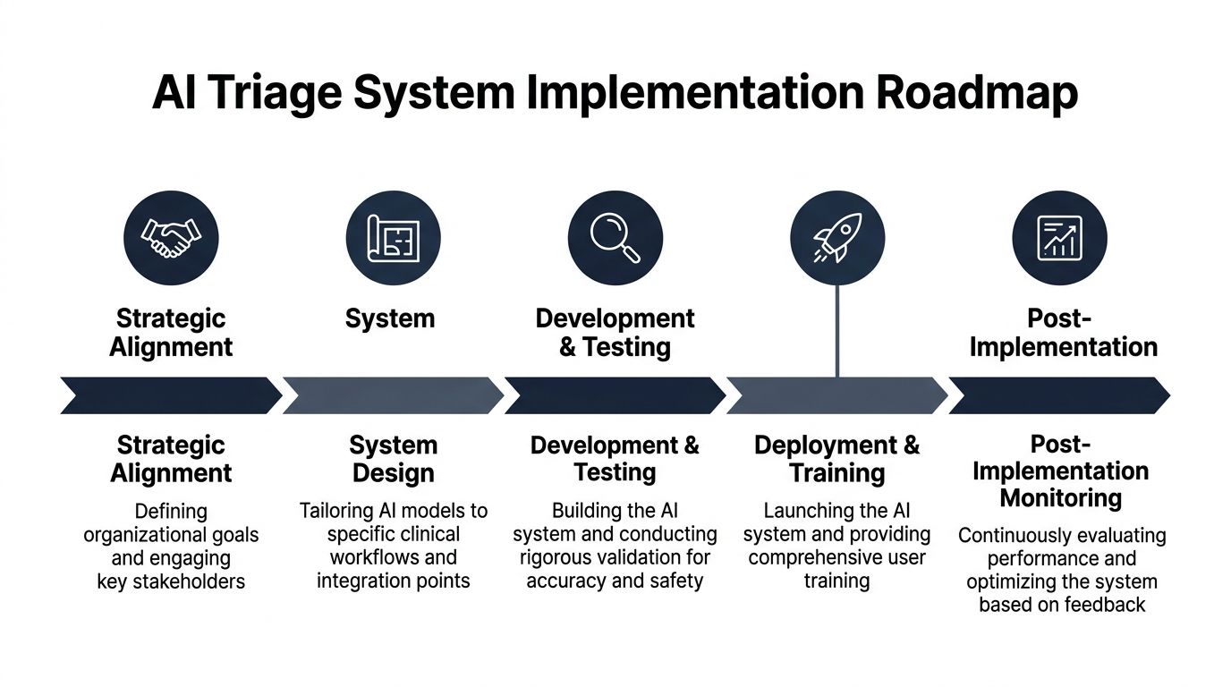 An infographic showing the five-step implementation roadmap for an AI-powered clinical triage system.