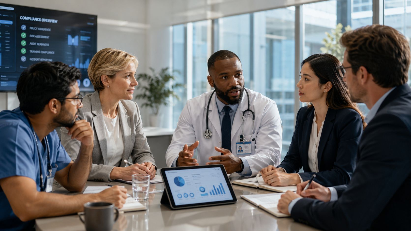 A professional medical team meeting in a modern office with data charts on screens and tablets.