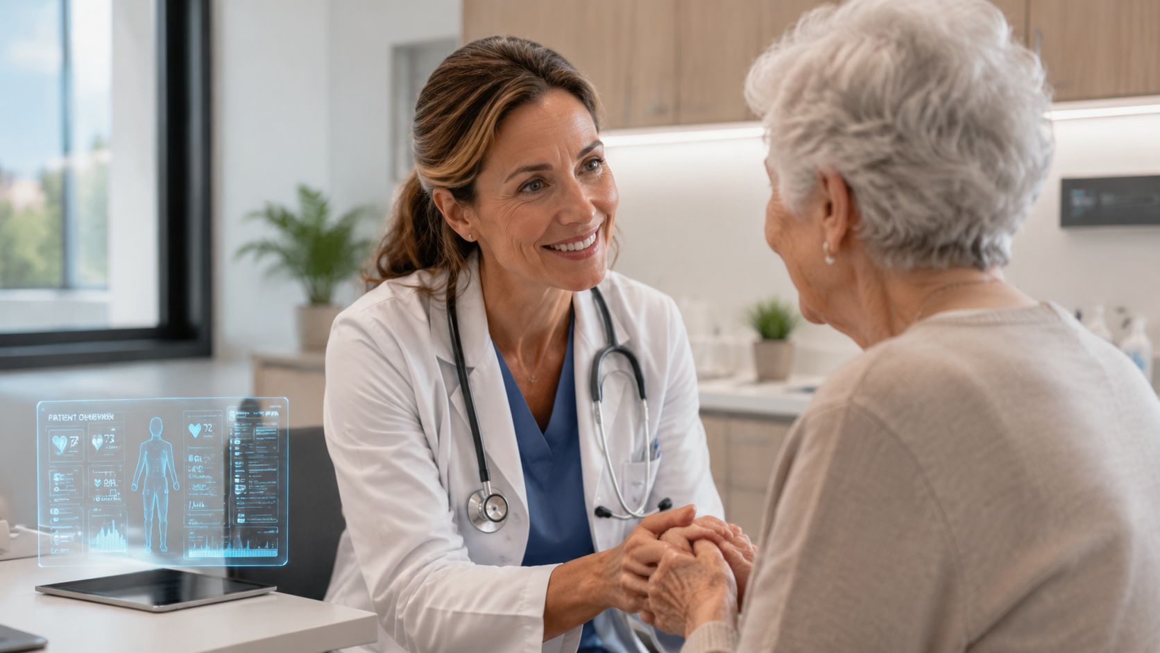 A kind female doctor wearing a stethoscope holding the hands of an elderly female patient in a clinic.