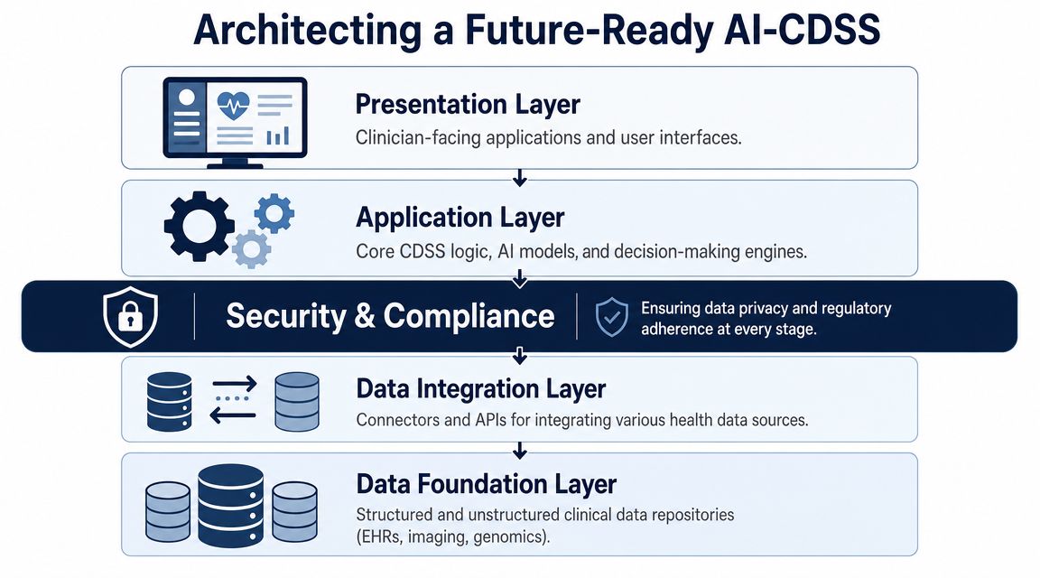 A diagram illustrating the layered architecture of a future-ready AI-driven clinical decision support system, from foundation to presentation.