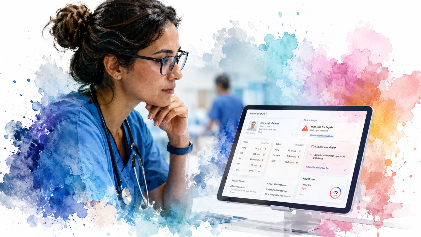 A healthcare professional analyzing patient data using an AI-powered clinical decision support system on a digital tablet.
