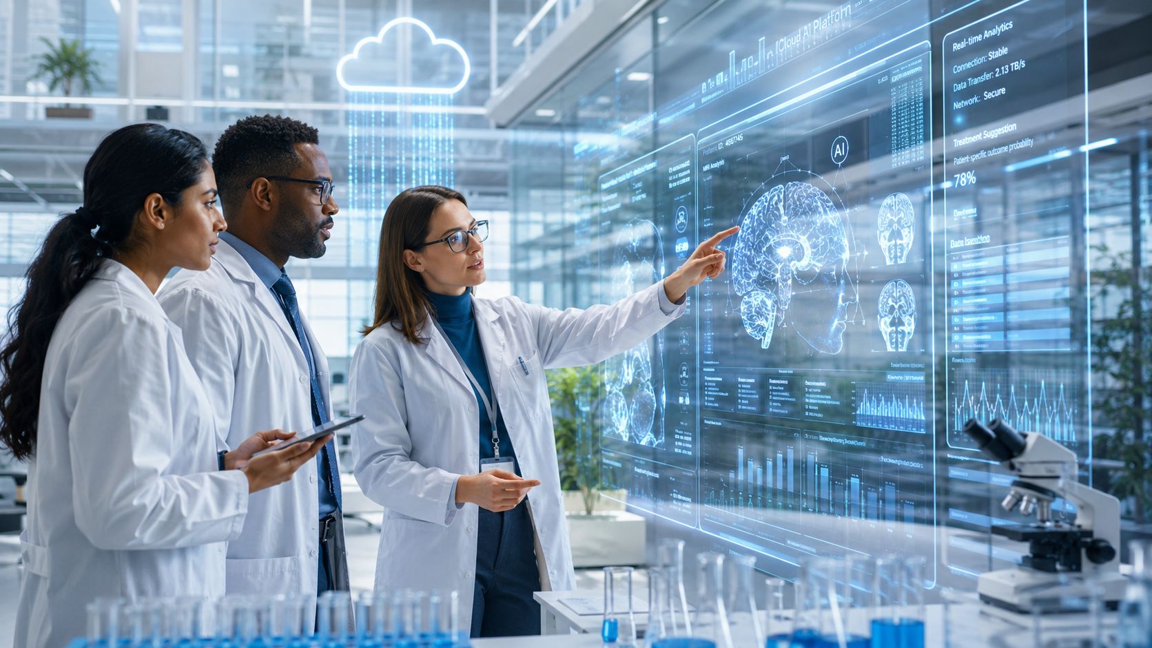 A team of medical researchers using holographic cloud technology to analyze digital brain scans in a laboratory.