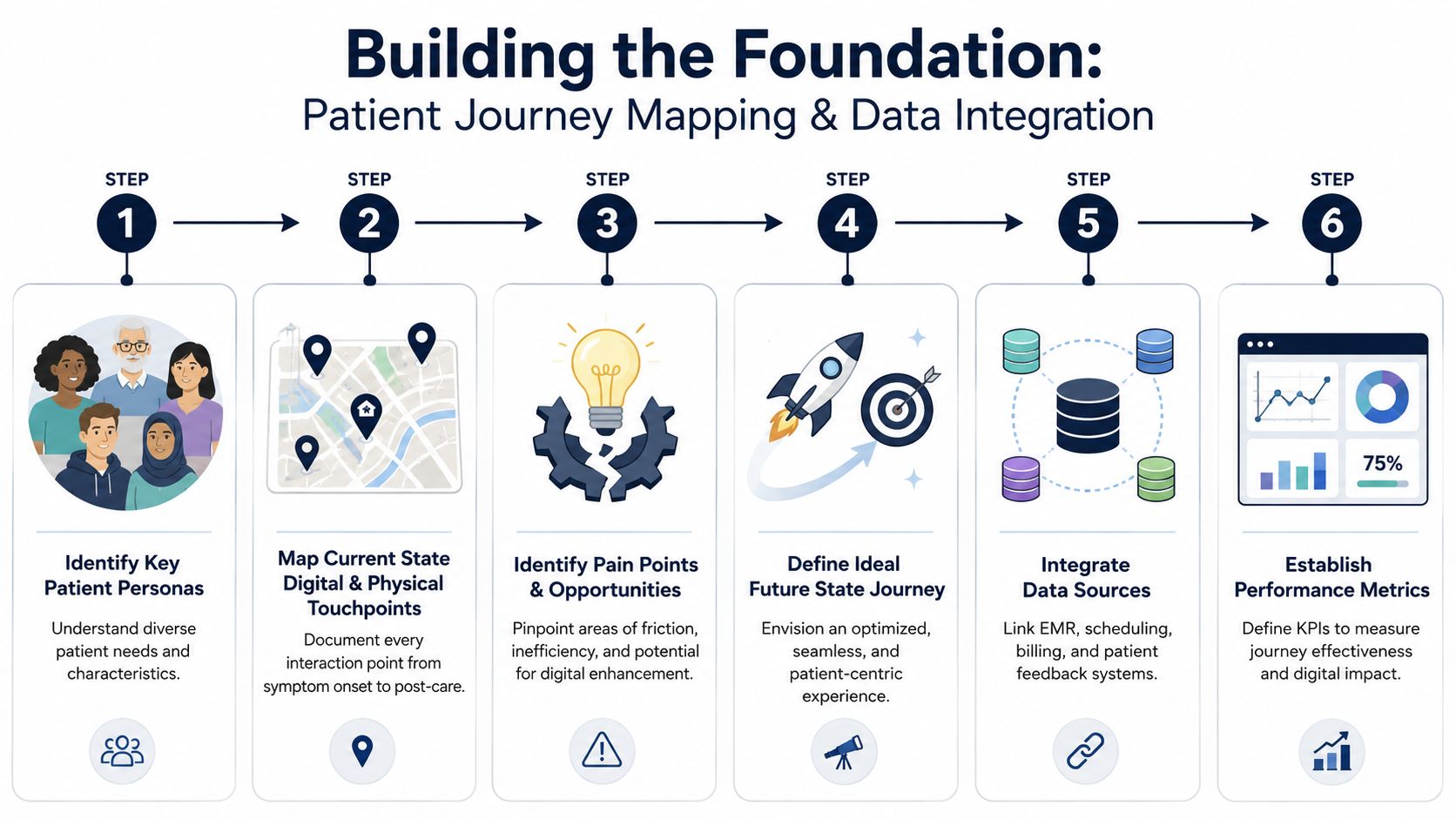 A six-step infographic illustrating the foundational process of patient journey mapping and integrated data systems for healthcare.