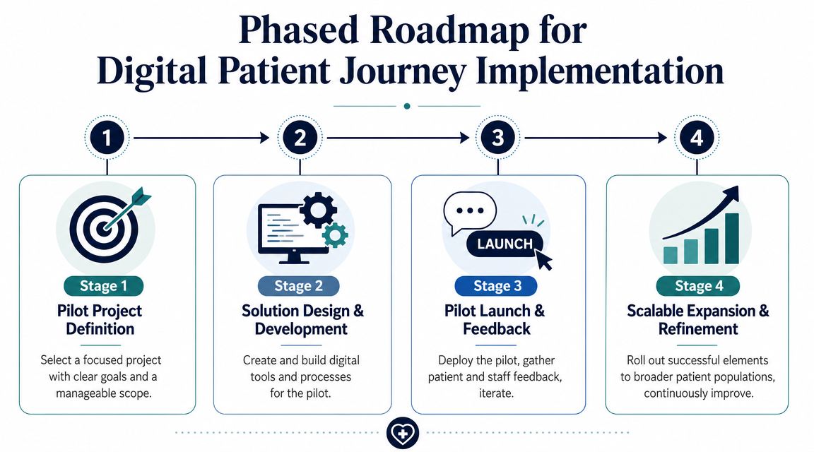 A four-stage roadmap diagram illustrating the phases for implementing a digital patient journey in healthcare settings.