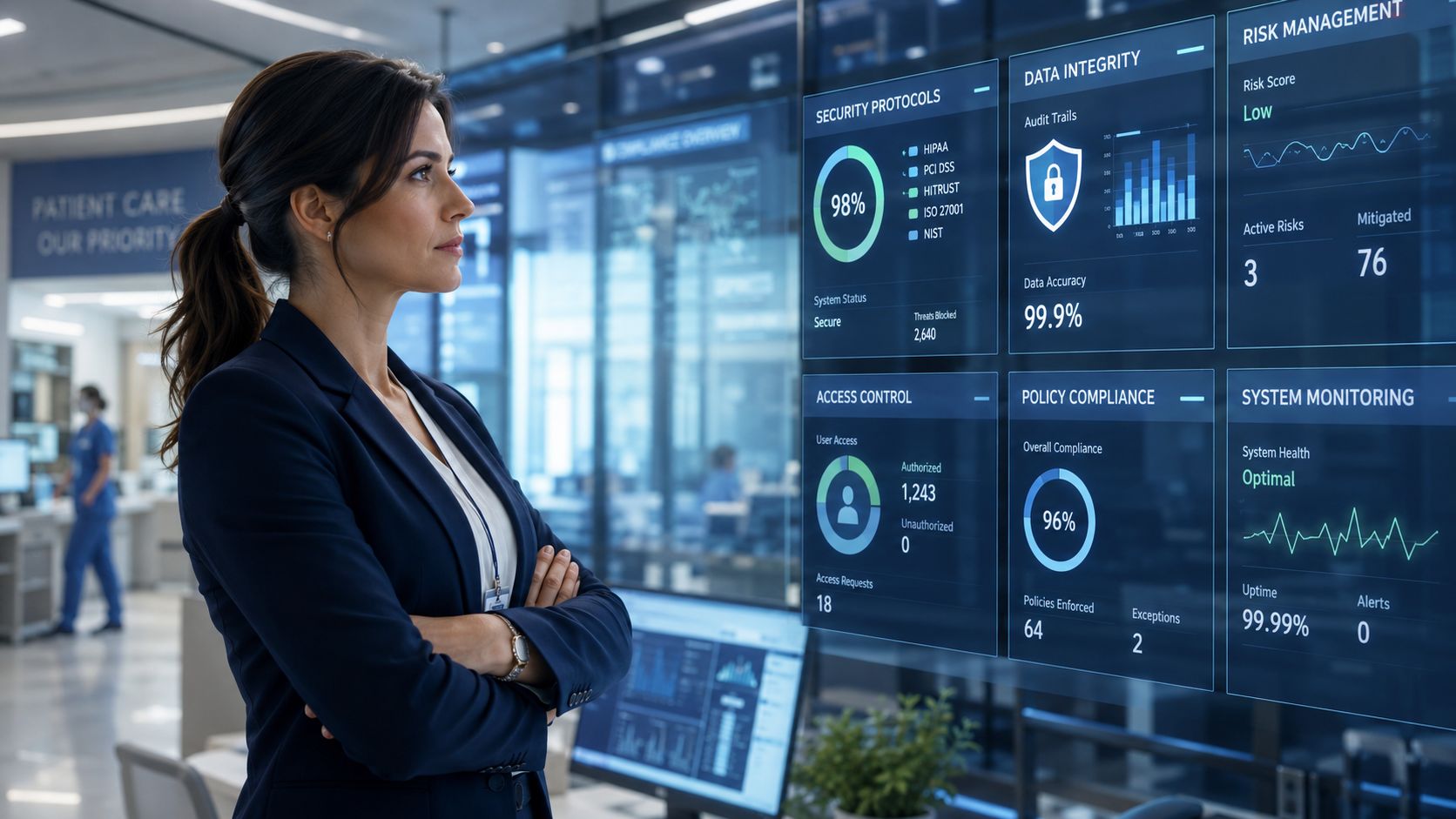 A professional woman in a suit looks at a digital dashboard displaying healthcare data analytics.