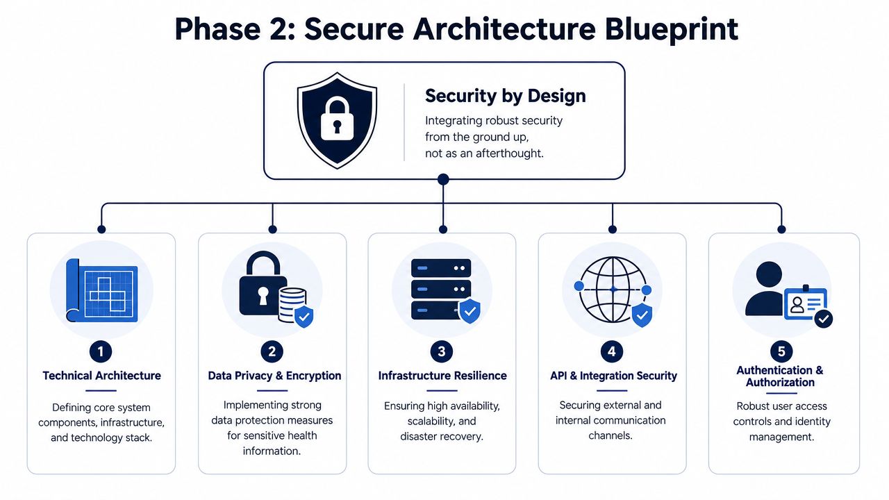 A diagram outlining Phase 2 of healthcare app development, focusing on secure architecture and design strategies.