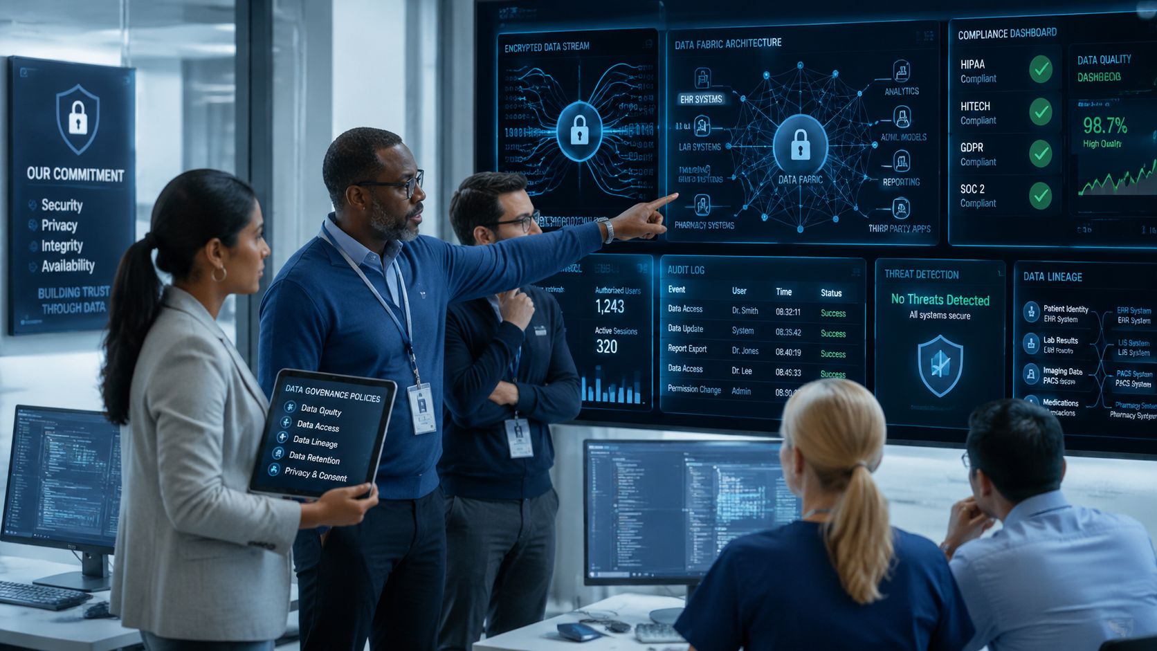 A diverse team of professionals analyzing healthcare data fabric architecture and security compliance on digital dashboards.
