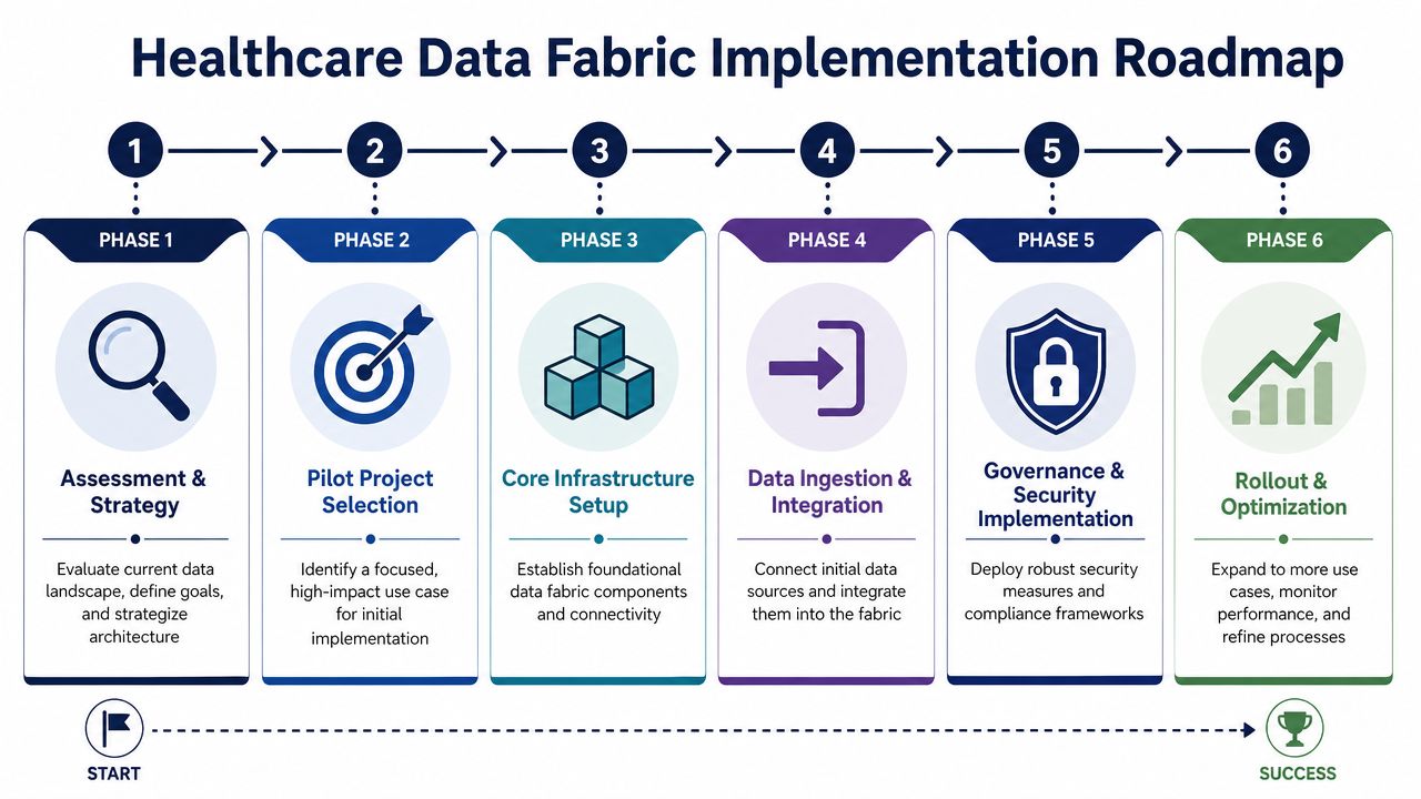 A six-phase roadmap infographic illustrating the structured implementation process for a healthcare data fabric strategy.