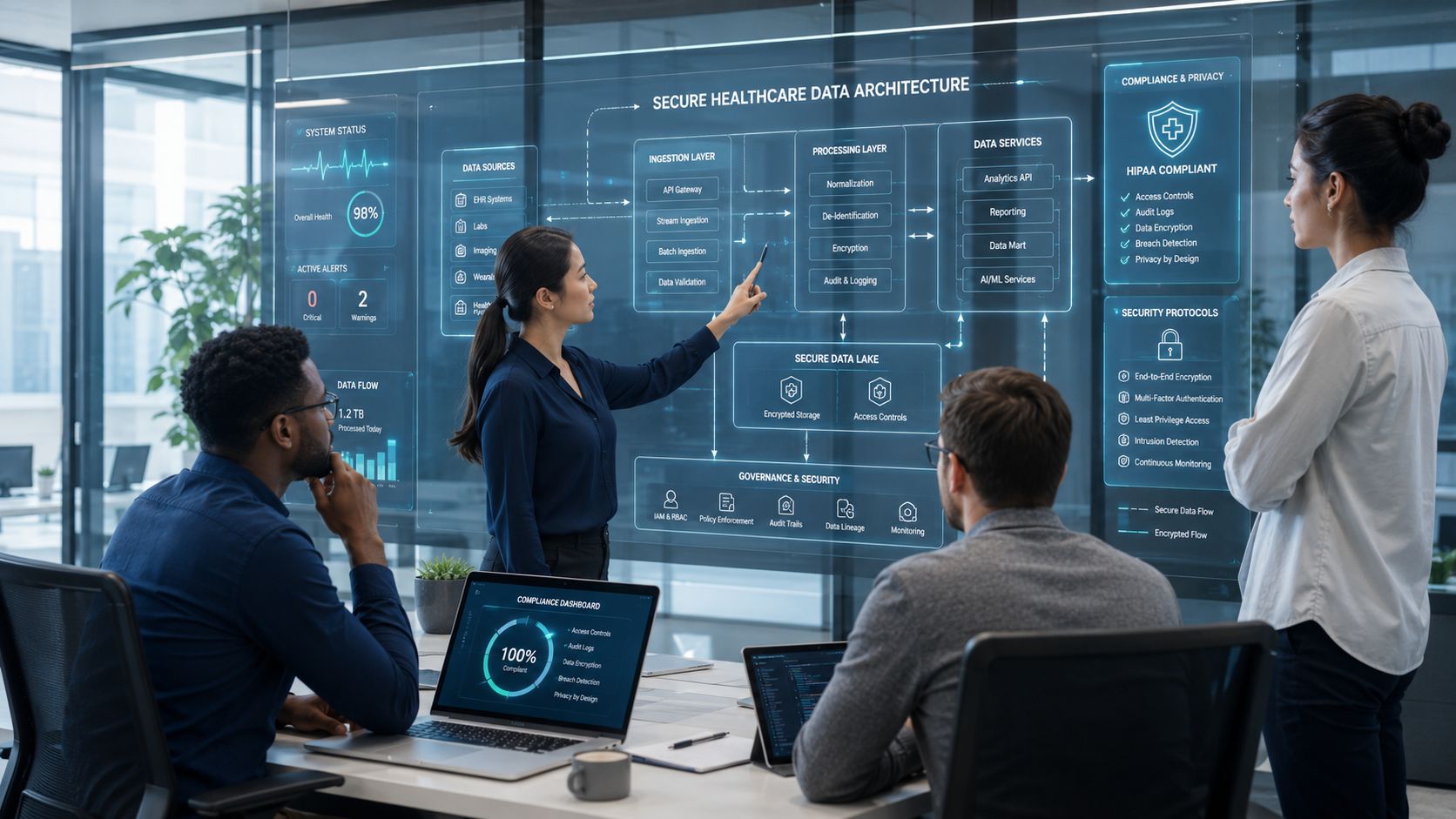 A diverse professional team collaborating in a modern office while viewing a digital healthcare data architecture dashboard.
