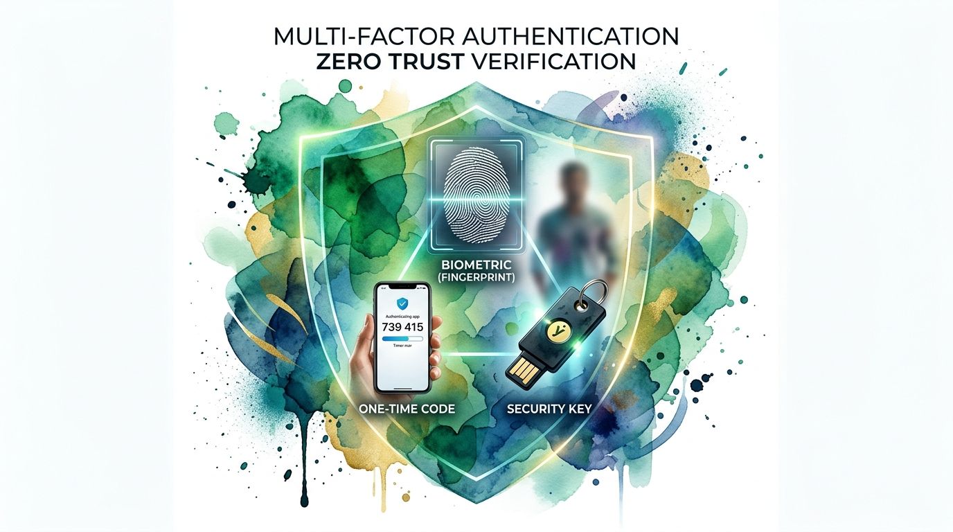 A digital graphic illustrating multi-factor authentication with biometric fingerprint, one-time code on a smartphone, and security key.