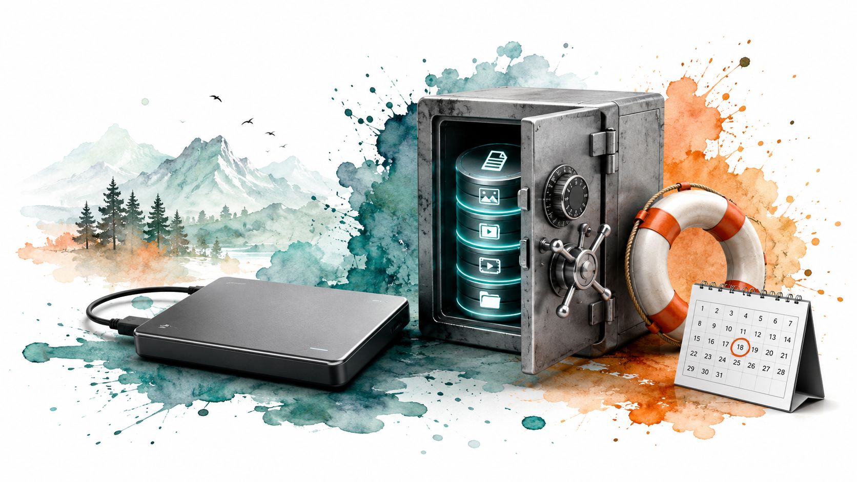 A digital hard drive connected to an open safe containing stored data icons with a lifebuoy and calendar.