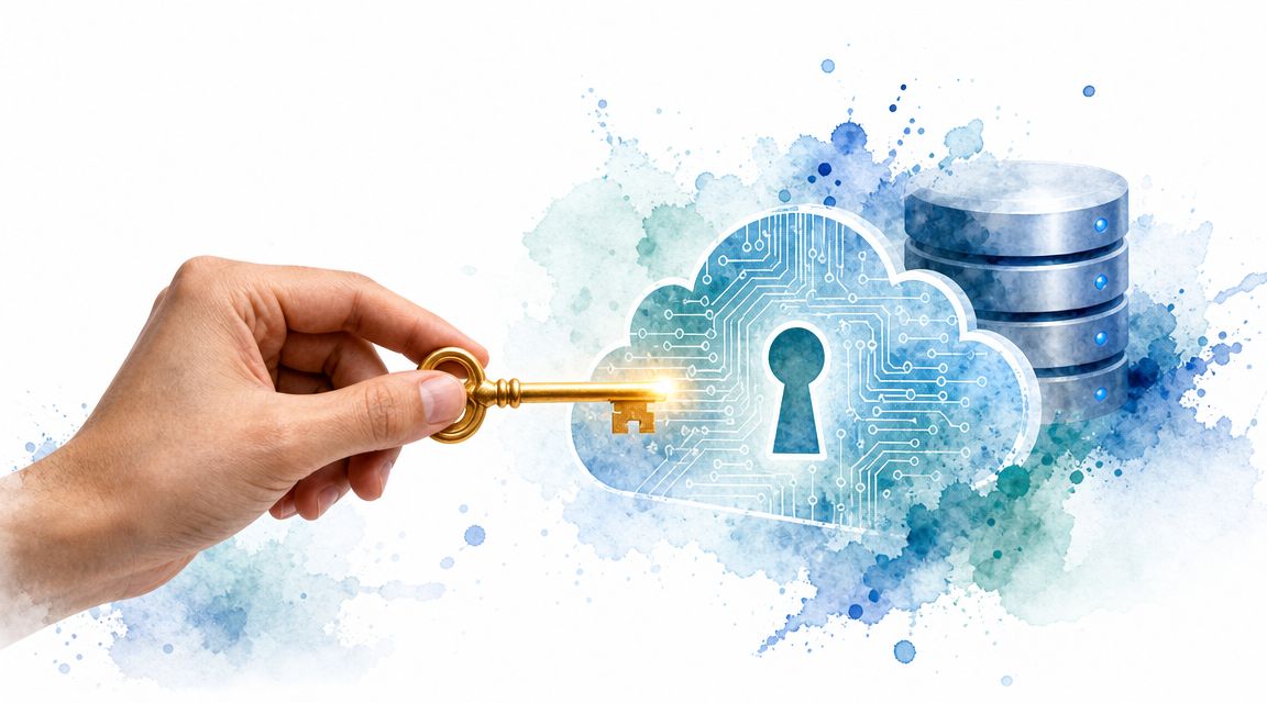 A hand holding a key to unlock a cloud storage icon containing circuit board patterns for data security.