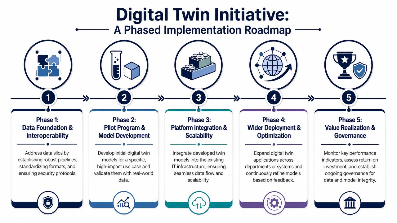A five-phase implementation roadmap for digital twin initiatives, highlighting steps from data foundation to value realization.