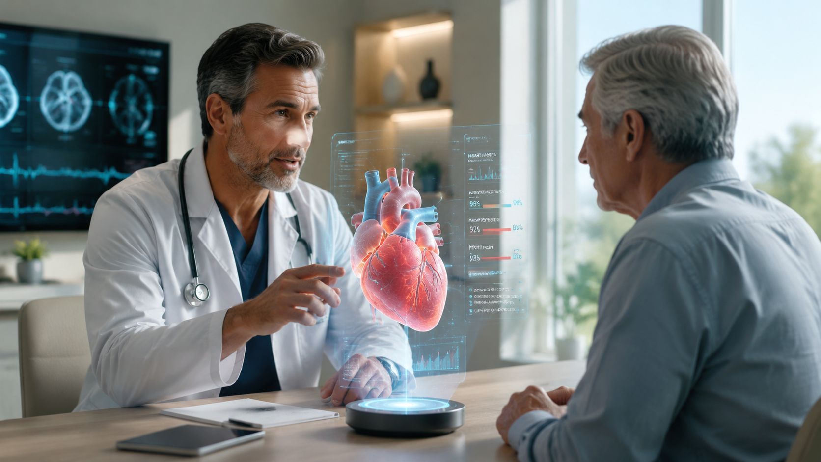 A doctor uses advanced holographic technology to explain heart health to an older male patient in clinic.