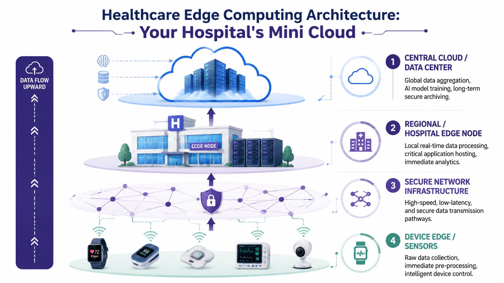 A diagram illustrating a four-tier healthcare edge computing architecture for hospitals with cloud and device integration.
