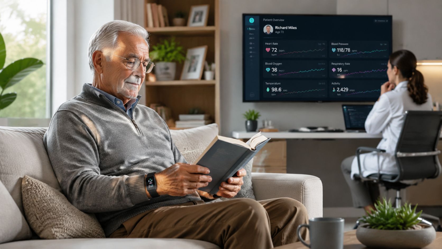 An elderly man reads a book at home while his health data displays on a smart television.