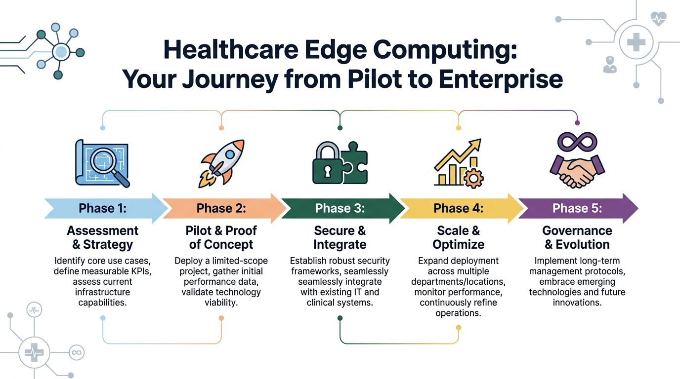 A diagram outlining a five-phase journey for implementing healthcare edge computing from pilot to enterprise adoption.