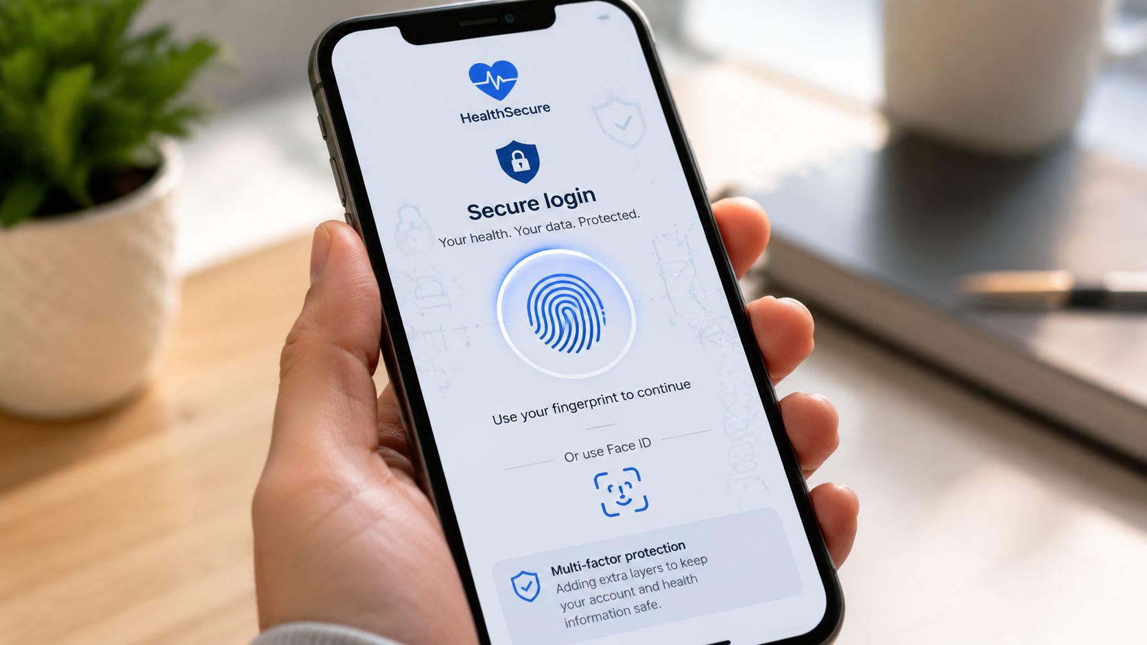 A hand holding a smartphone displaying the HealthSecure app login screen featuring fingerprint and face authentication.