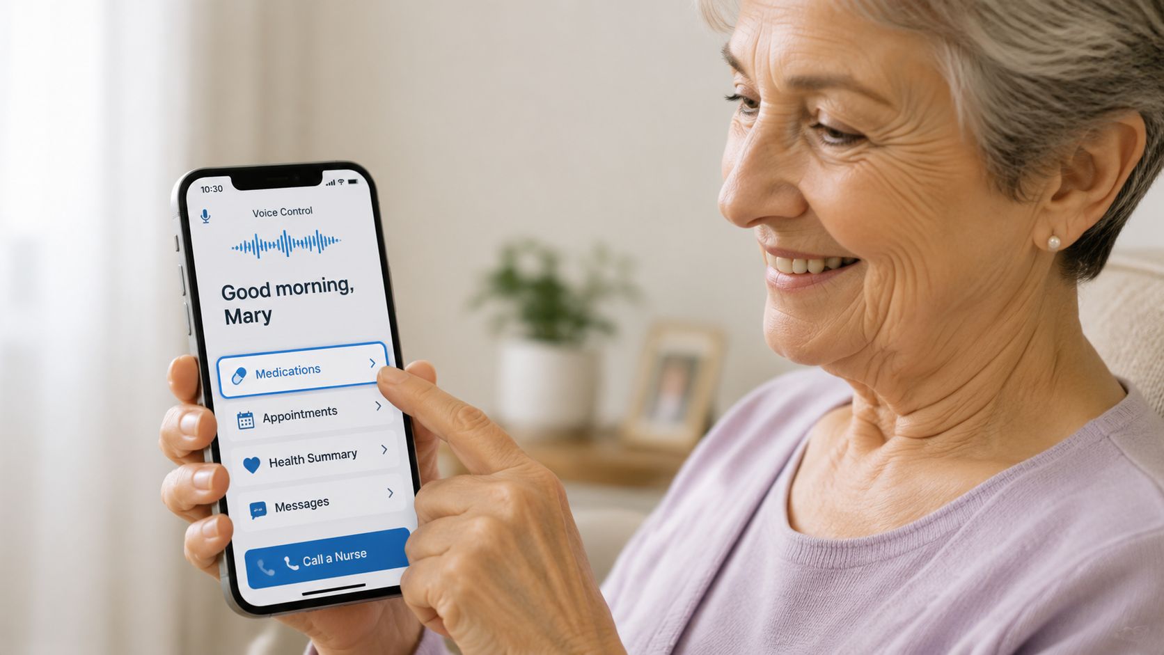 An elderly woman smiling while using a healthcare mobile app on her smartphone to manage her health.