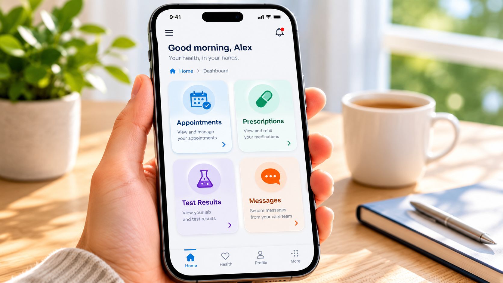 A hand holding a smartphone displaying a clean healthcare mobile app interface with navigation and quick-access dashboard icons.