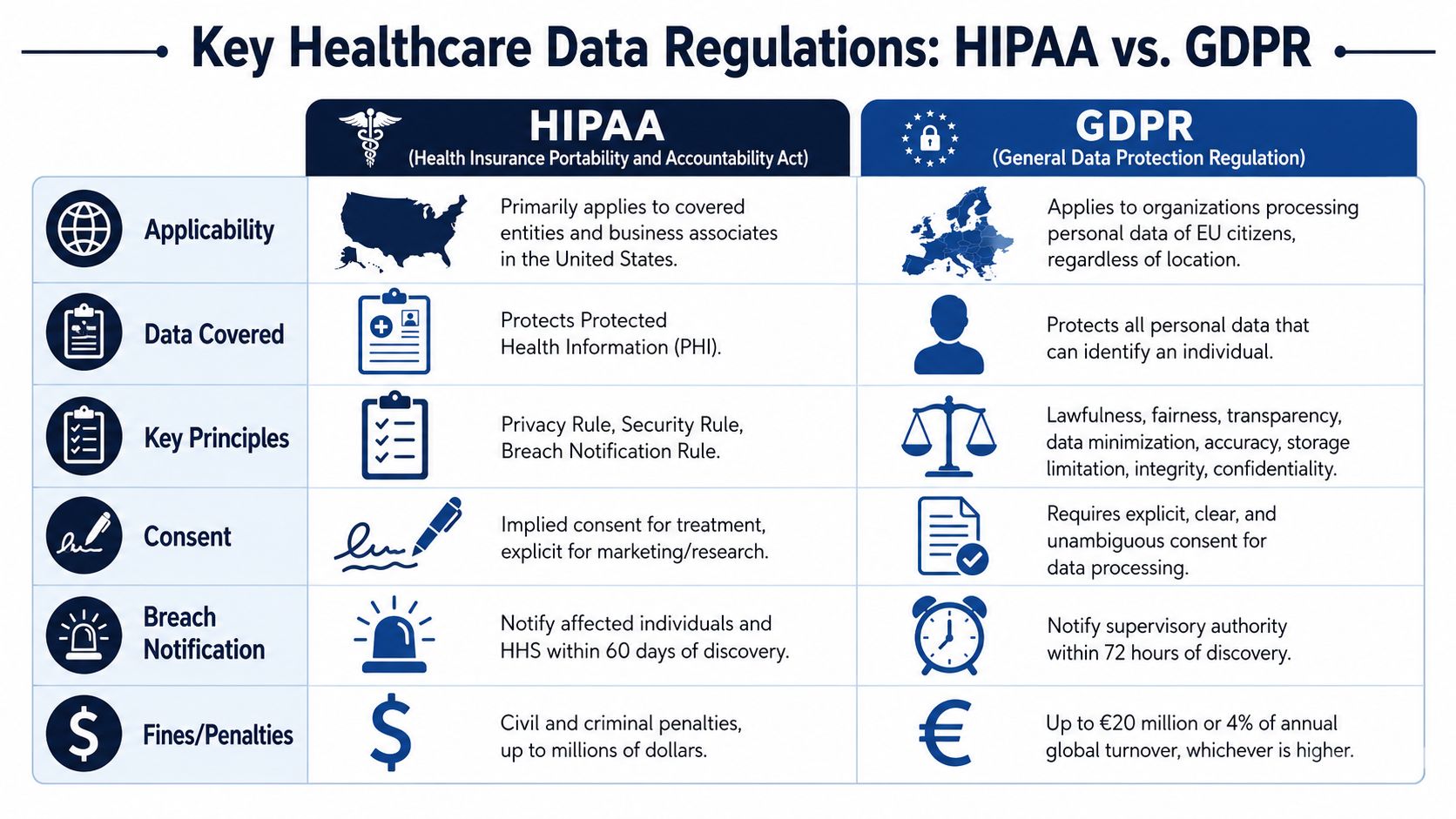 A comparison chart outlining key differences between HIPAA and GDPR healthcare data privacy regulations.
