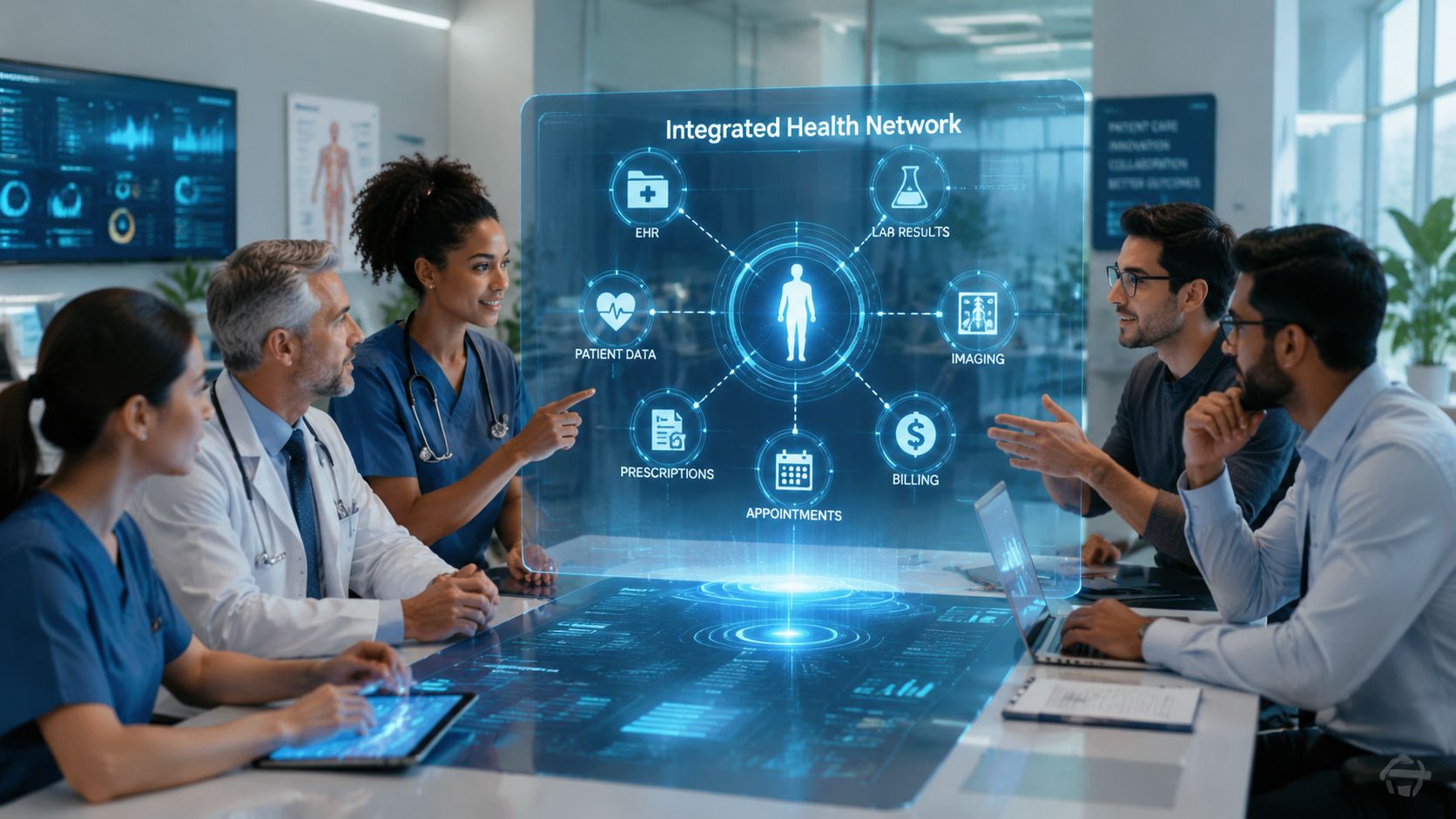 A diverse team of medical professionals reviewing digital health data on a transparent holographic interface.