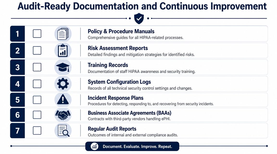 A checklist infographic titled Audit-Ready Documentation and Continuous Improvement showing seven essential HIPAA compliance documents.