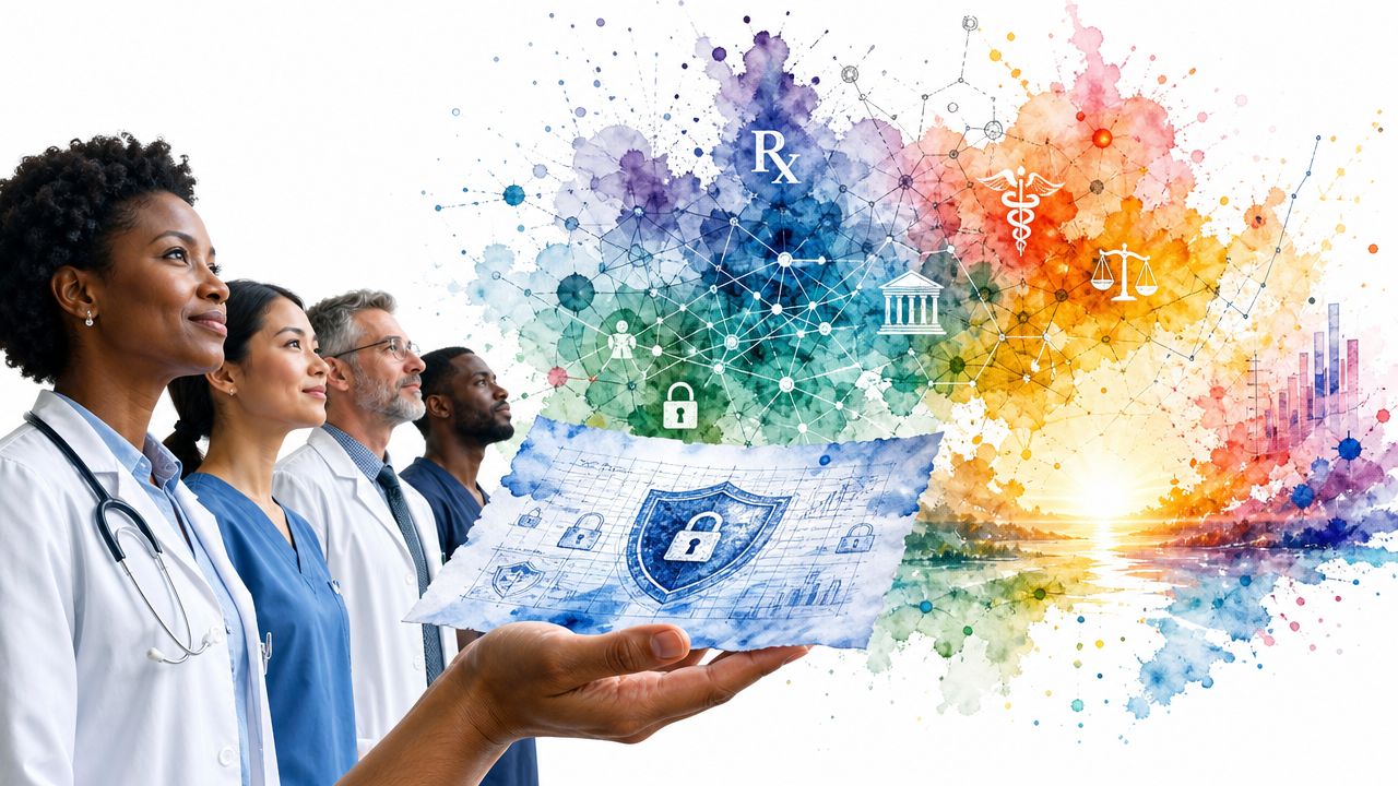 A diverse team of healthcare professionals standing together while holding a digital cybersecurity shield concept illustration.