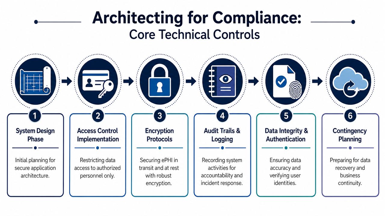 A diagram illustrating six core technical controls for architecting HIPAA compliant software development and data security.