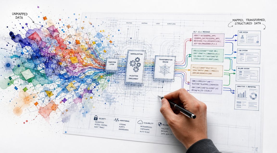 An illustration showing the process of converting unmapped raw data into structured HL7 medical information.