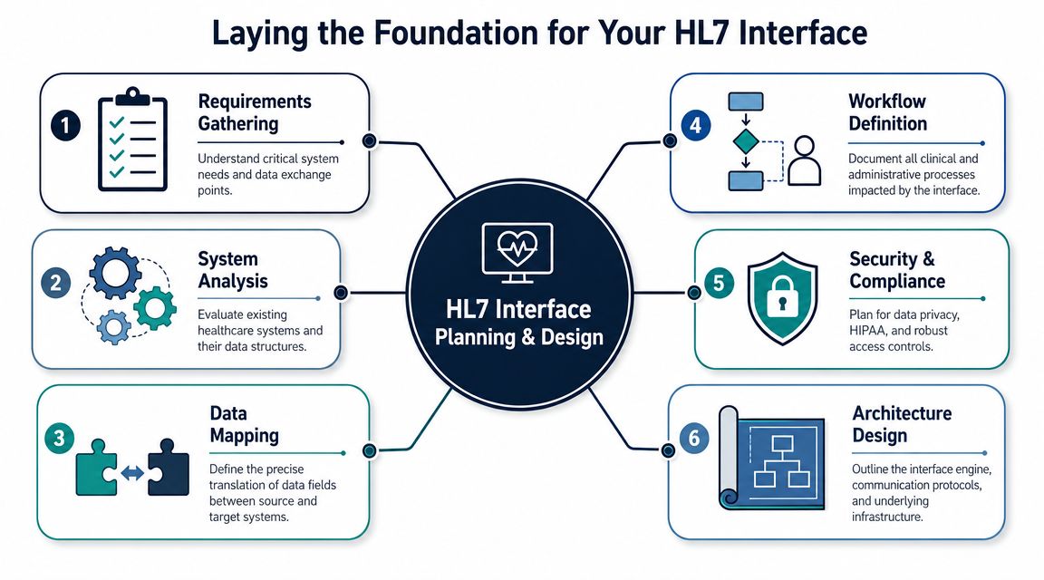 A six-step infographic outlining the essential process for planning and designing an HL7 healthcare data interface.