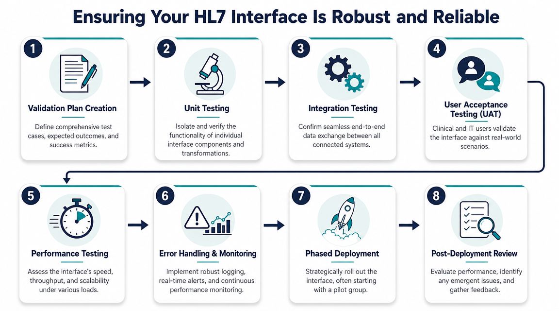 An infographic showing an eight-step process to ensure a robust and reliable HL7 healthcare interface.