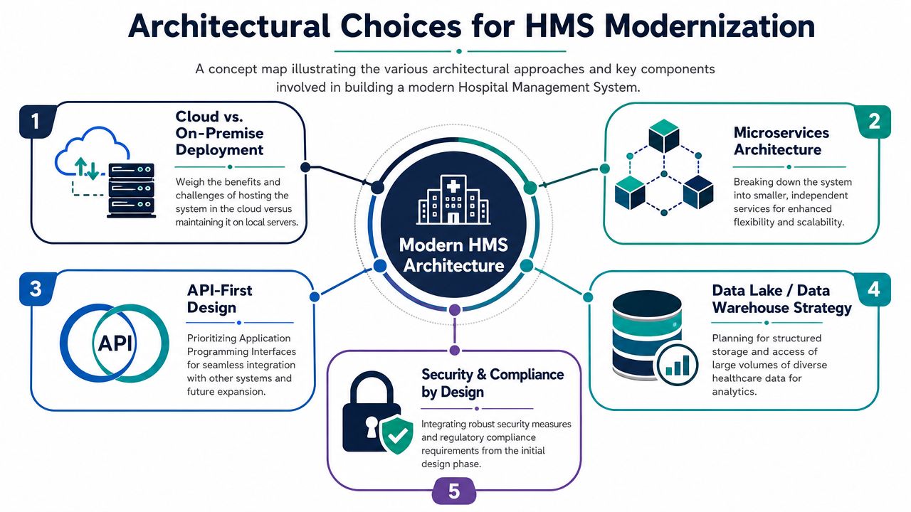 A conceptual diagram showing key architectural choices for modernizing hospital management systems, including security, cloud, and microservices.