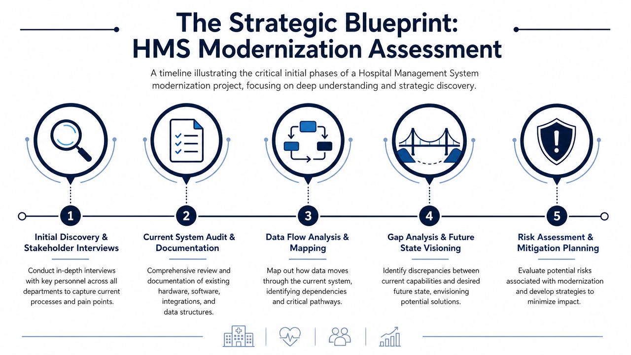 A strategic blueprint infographic showing five steps for a hospital management system modernization assessment project.