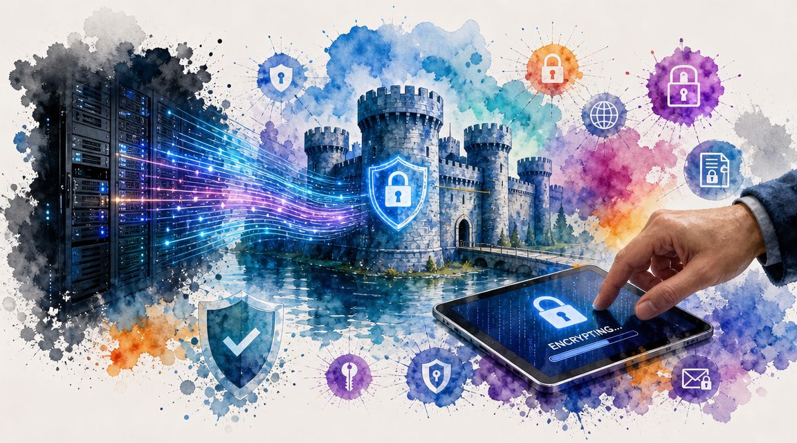 A digital illustration showing a server rack connected to a fortress, representing secure data encryption and modernization.