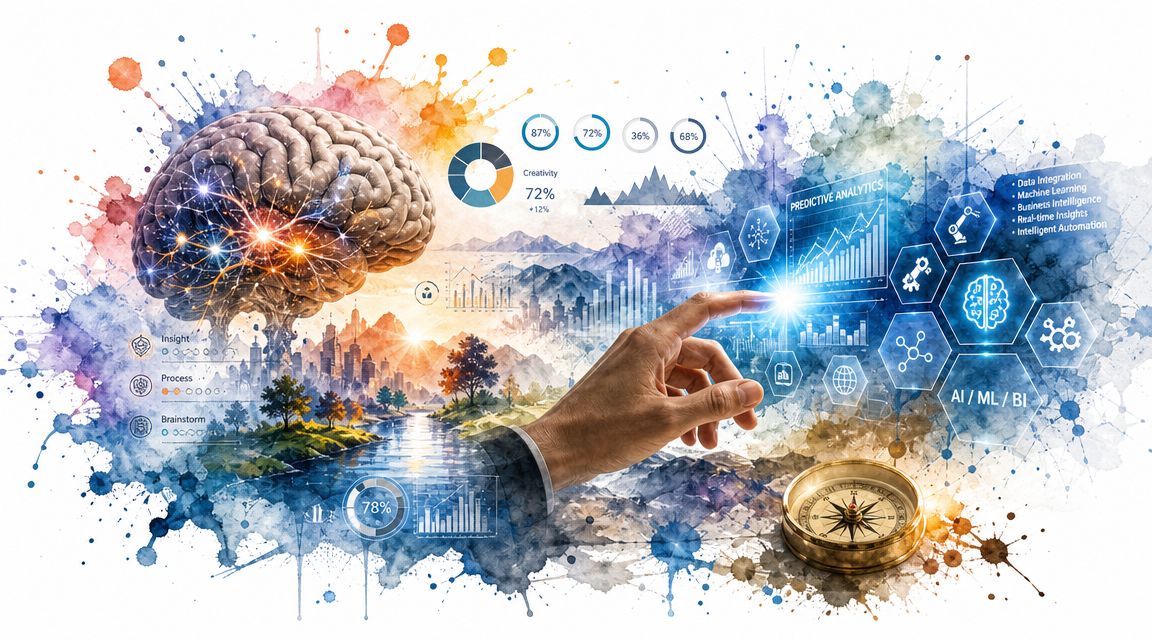 A conceptual digital illustration showing a human hand interacting with data analytics and AI technology displays.